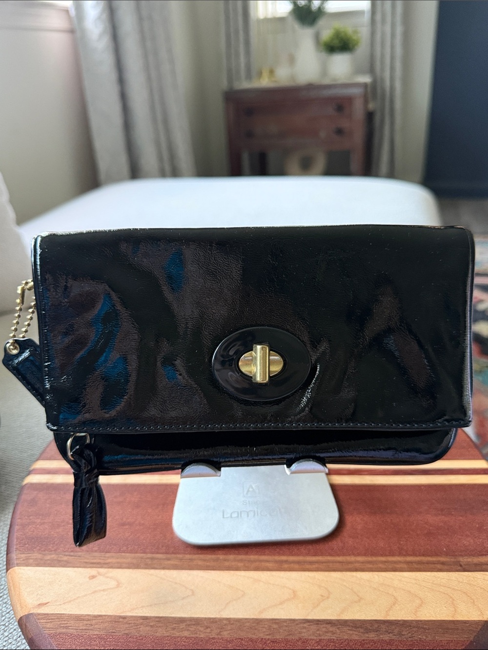 Coach Black Patent Leather op-art lining Wristlet Clutch